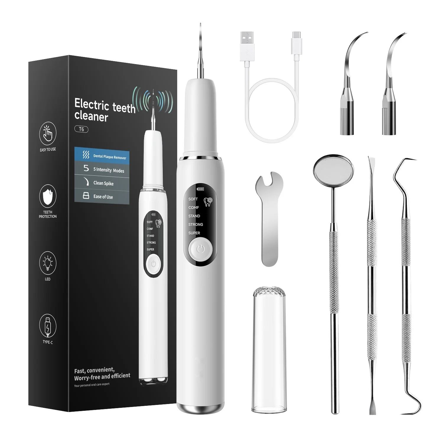 T6 Ultrasonic Tooth Cleaner – 5-Mode Dental Plaque & Tartar Remover with LED Light